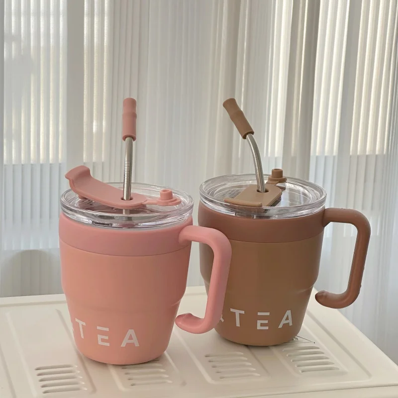 Kaffeetasse aus Edelstahl, isolierte Tassen, tragbar, für kalte und heiße Getränke, Wasserbecher, Milchbecher mit Strohhalm, für Haushalt, Büro, Trinkgeschirr