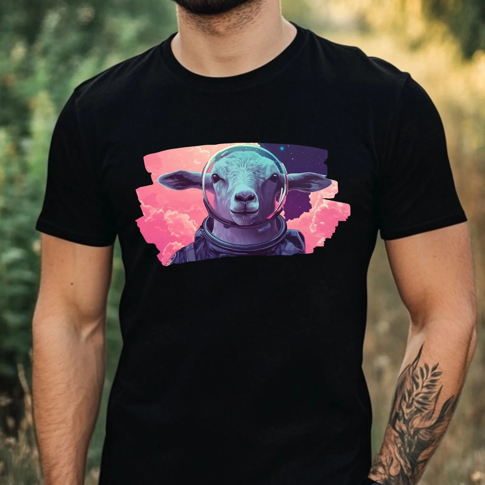 Herren-T-Shirt aus Baumwolle mit Ziegen- und Astronauten-Print, Größe XS bis 5XL