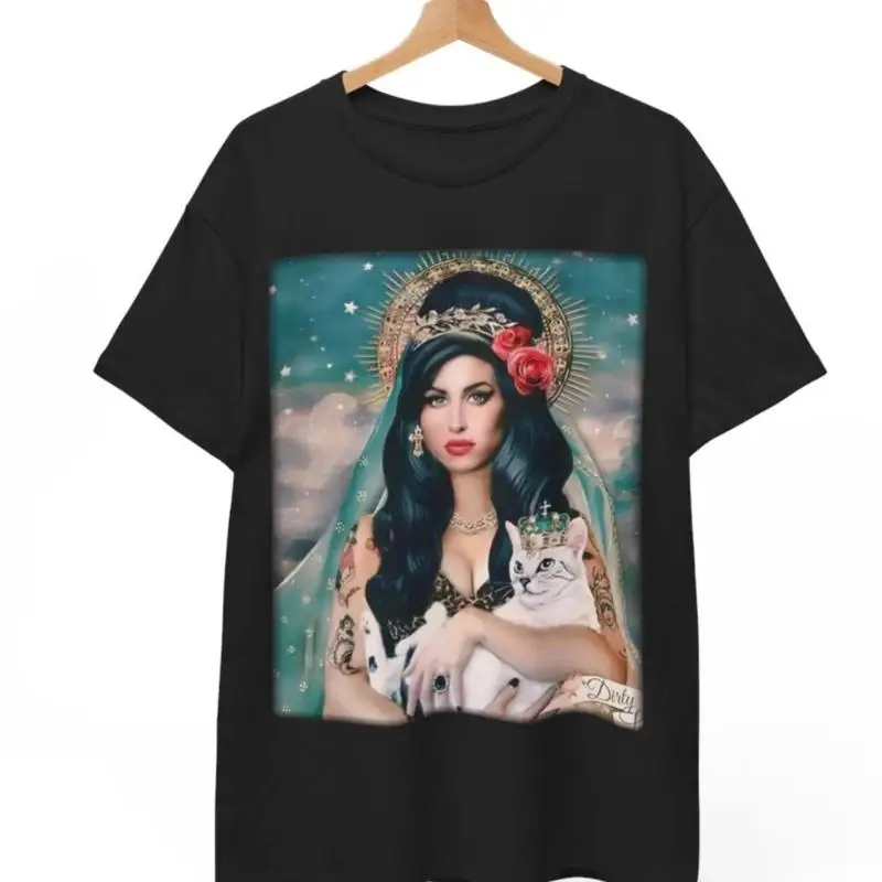 Amy Winehouse Long Hair Stars White Cat T-Shirt