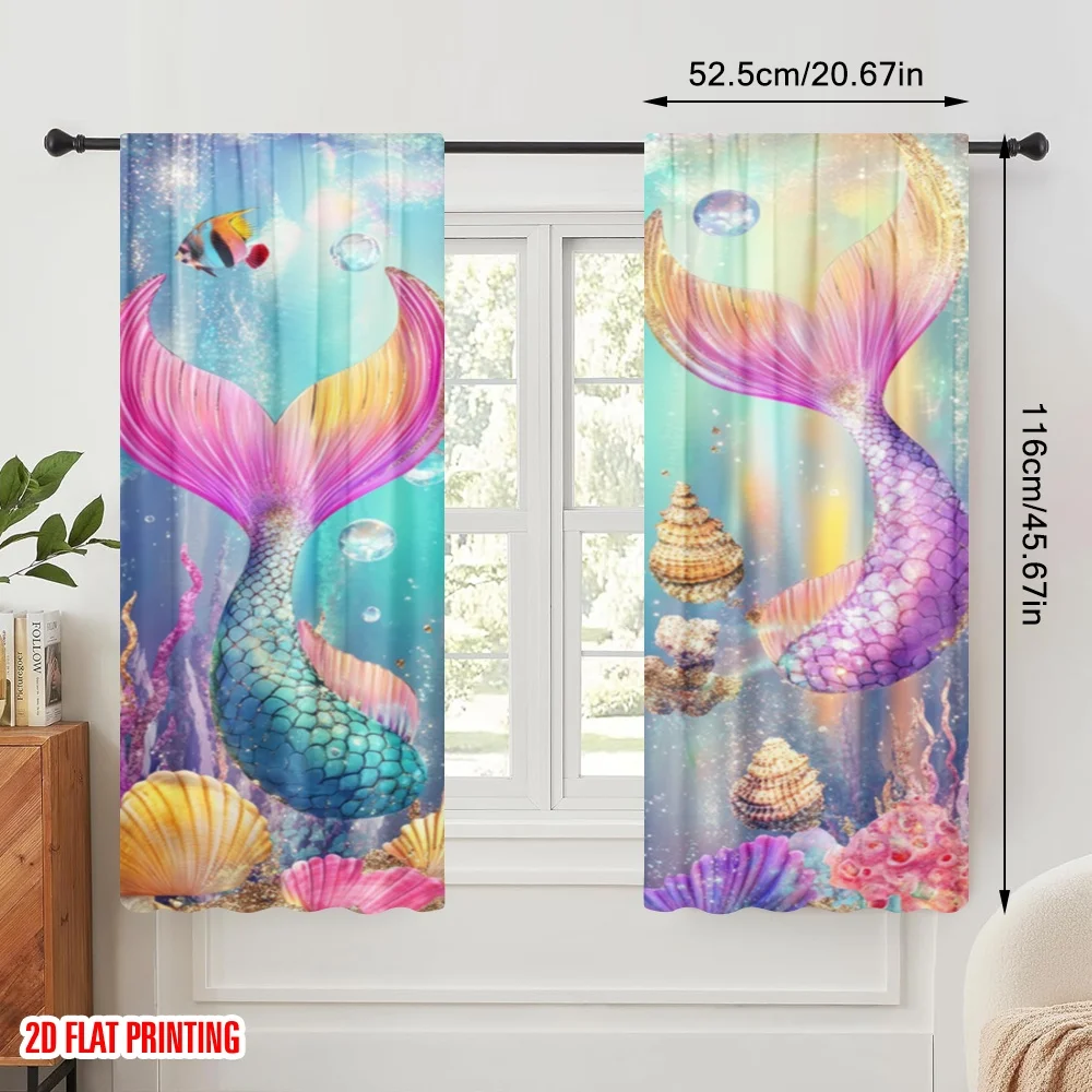2pcs,2D plane printing Popular Curtains Mermaids Tale Polyester (without rod) Decorations Outdoor for Living Room and Bedroom