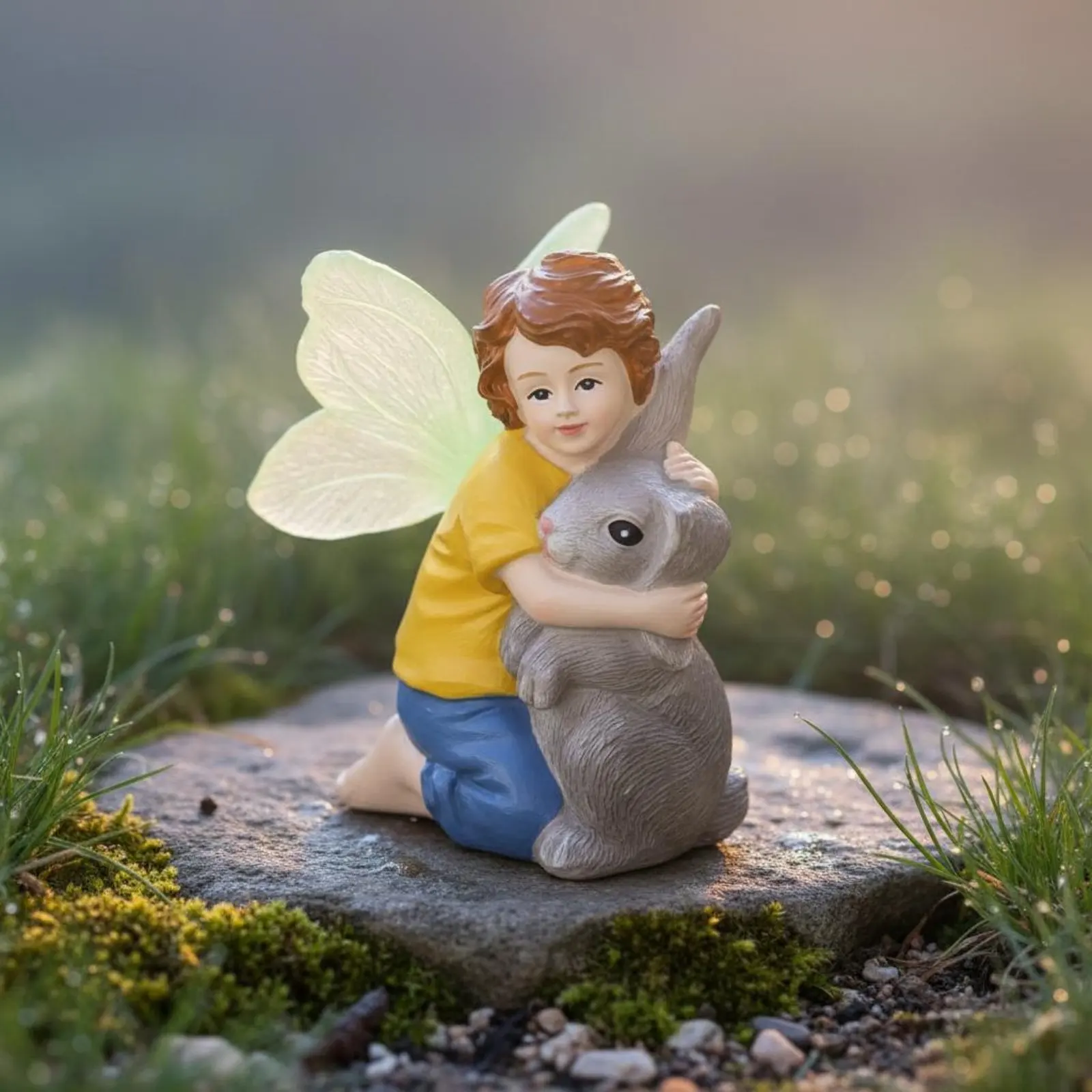 Boy and Rabbit Figurine Lifelike Details Child Hugging Bunny Statue Resin Rabbit Sculpture Gift-Ready House Decoration Mini view 4