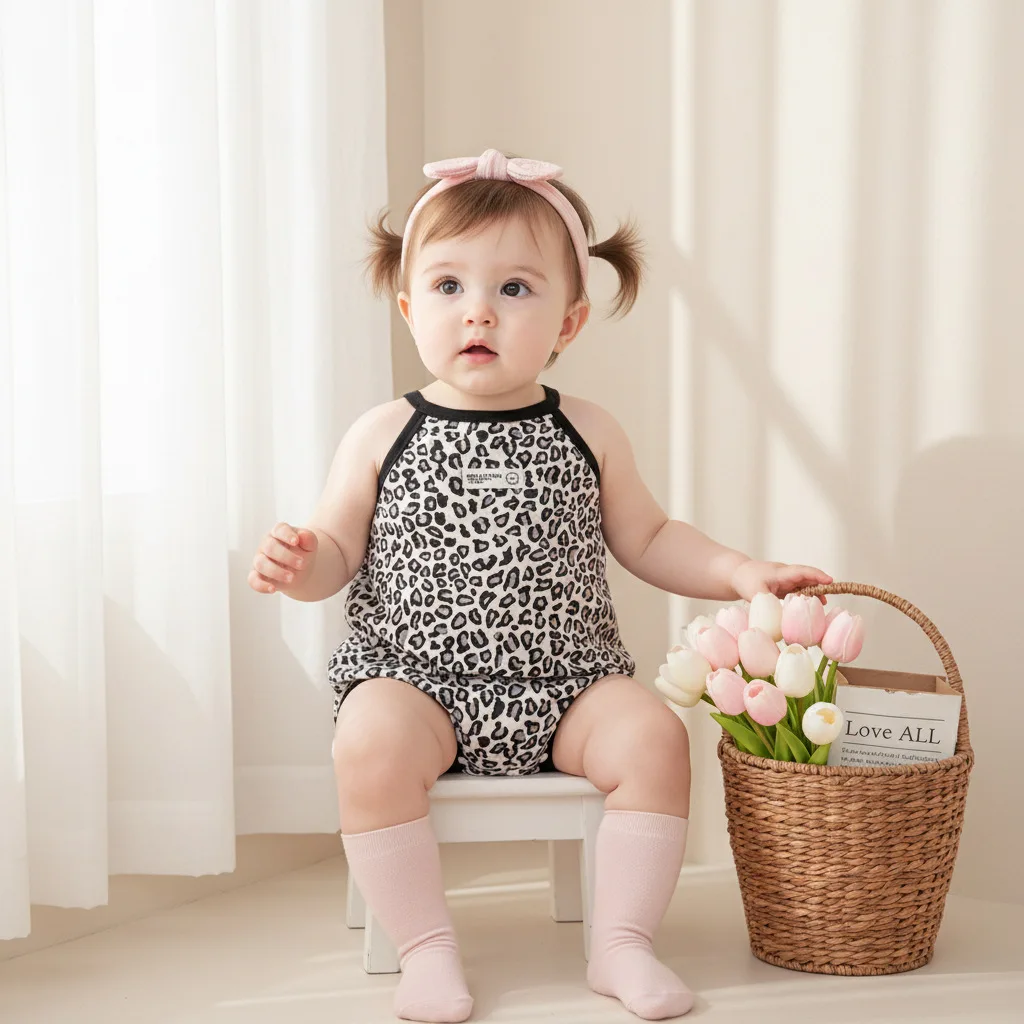 2026 Summer New Jumpsuit for Newborn Baby Cute Leopard Print Bag Fart Clothes Suspender Triangle Clothes