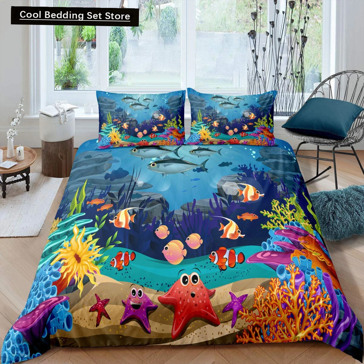 

Kid Underwater World Oasis King Queen Duvet Cover Ocean Fish Coral Bedding Set Marine Life Quilt Cover Polyester Comforter Cover
