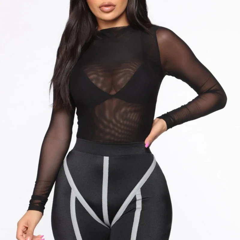 Sexy Mesh See Through Bodysuit Women Long Sleeve Sheer Bodysuits High Neck Bodycon Jumpsuit See Through Romper