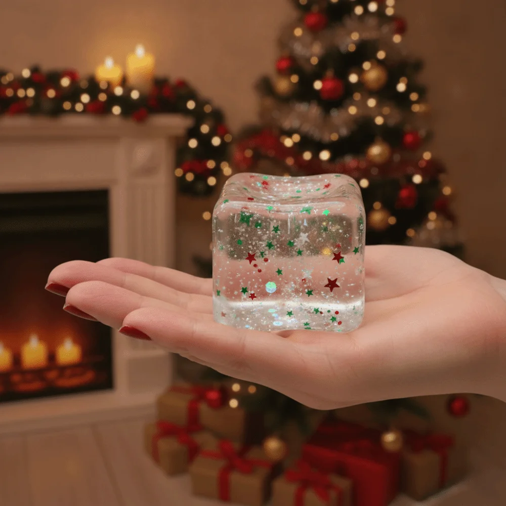 Slow Rebound Christmas Maltose Stress Relief Ice Cubes with Sequins Transparent Squishy Sensory Stress Cubes Stretchable