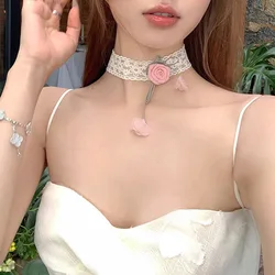 Pink Fairy Rose Petals Necklace for Women Neck Clavicle Long Chain Sexy Flower Choker Lady Jewelry Accessories Girl Gift Lace