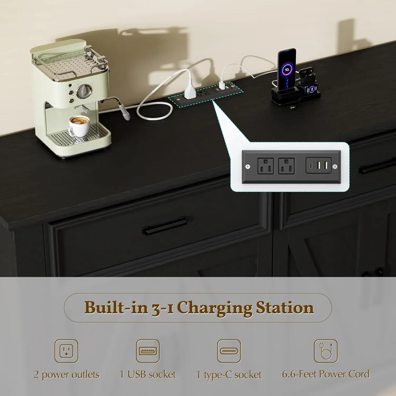 خزانة بوفيه خشبية مقاس 56 بوصة مع مساحة تخزين، وبار القهوة والنبيذ الحديث، وقاعدة مموجة، ومحطة شحن، باللون الأسود #4