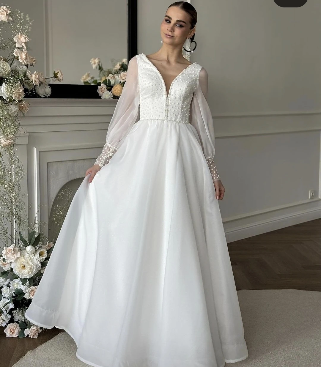 Robe De Novia en Satin doux pour femmes, ligne a, manches longues, dentelle Organza, Appliques personnalisées aux mesures, Robe De mariée élégante