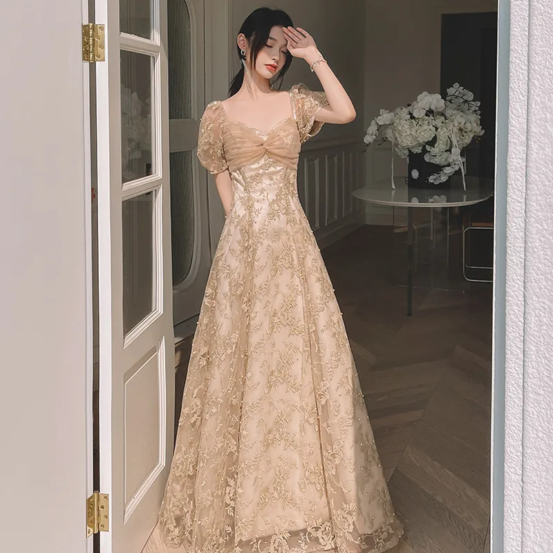 French Style Square Collar Evening Dress Women 2023 New Banquet  Celebrity Prom Dresses Elegant Beadding Appliques Party Gown