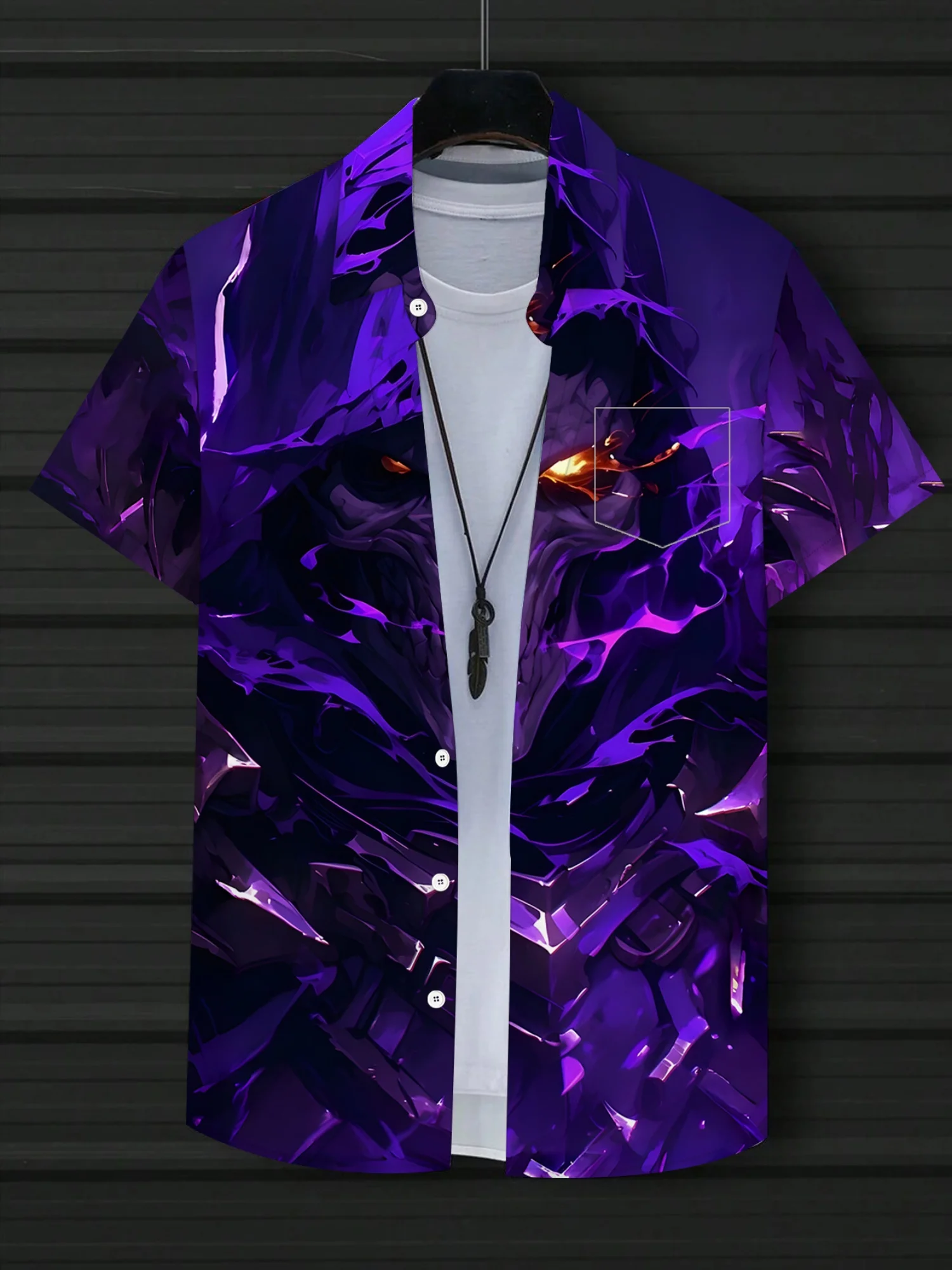 Men Purple Dark Mecha Robot Print Short Sleeve Shirt Lapel Collar Sci‑Fi Beach Party Casual Tops