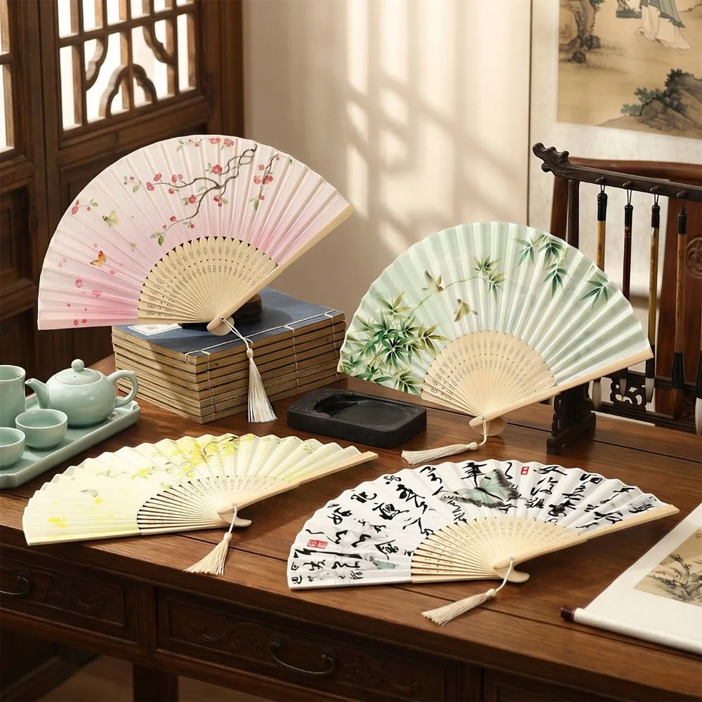 Chinese Style Tassel Folding Fan Butterfly Swallow Bamboo Fan Cherry Blossoms Plum Blossom Handheld Fan Home Decoration