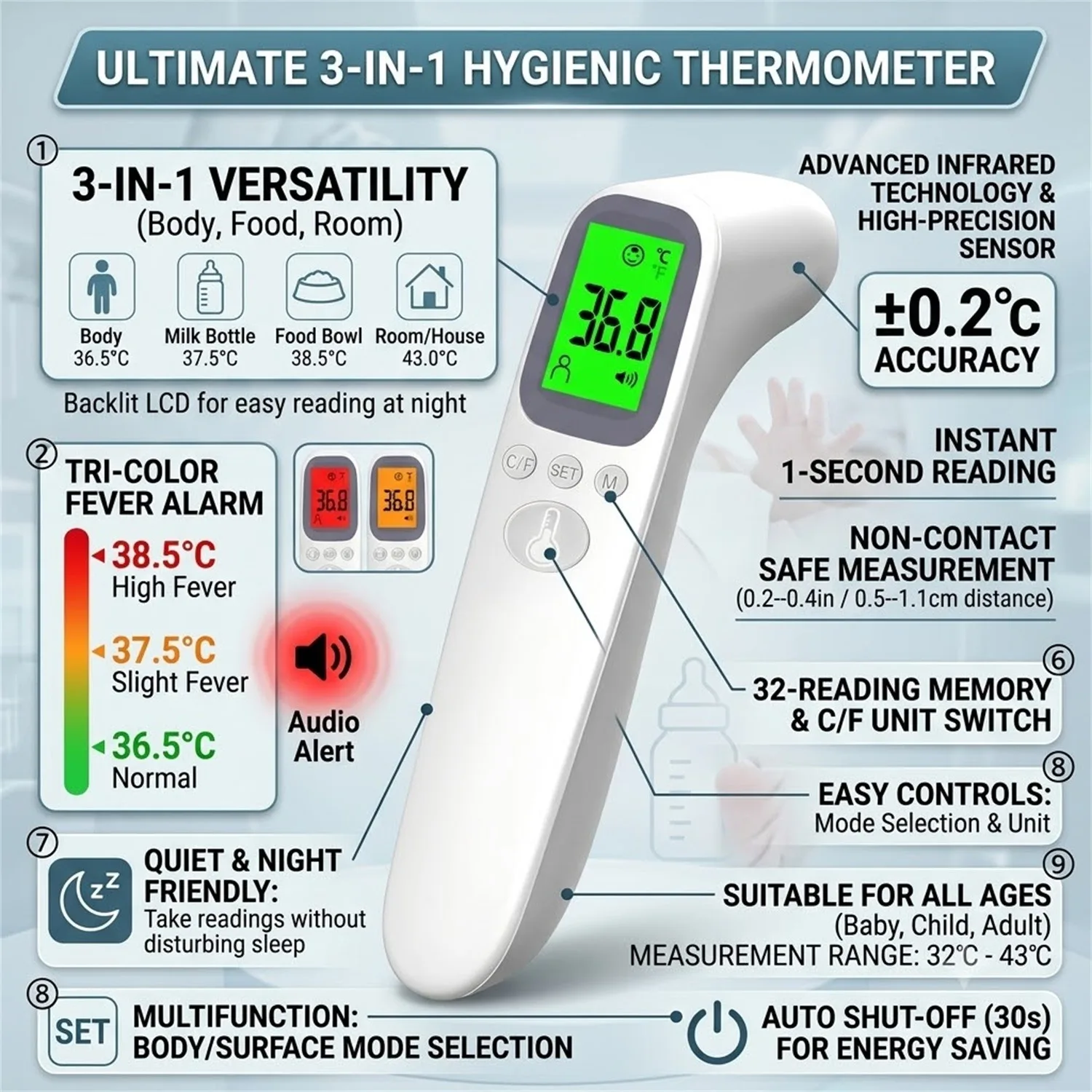 Infrared Digital LCD Baby Thermometer Non-Contact Forehead Ear Body Temperature Measurement for Children Adults Fever Indicator