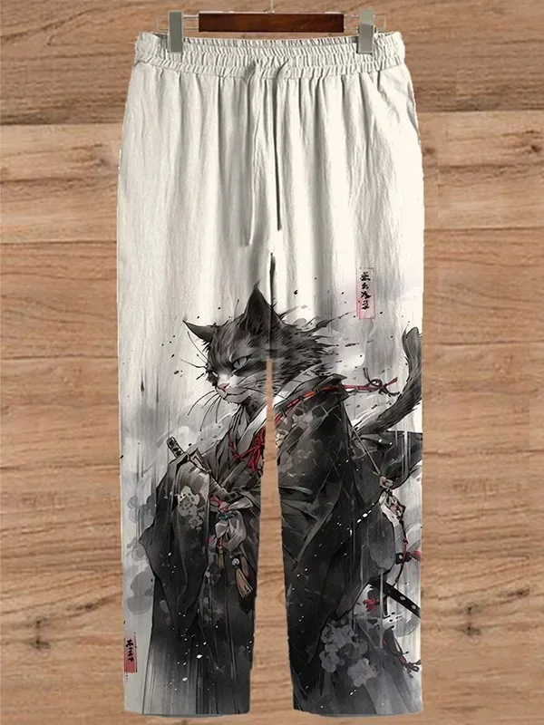 Japanische Samurai Katze druckt weites Bein Hosen Harajuku Freizeit hose Hipster Sommer hose Streetwear Sweapants Männer Frauen Kleidung – Detail 8