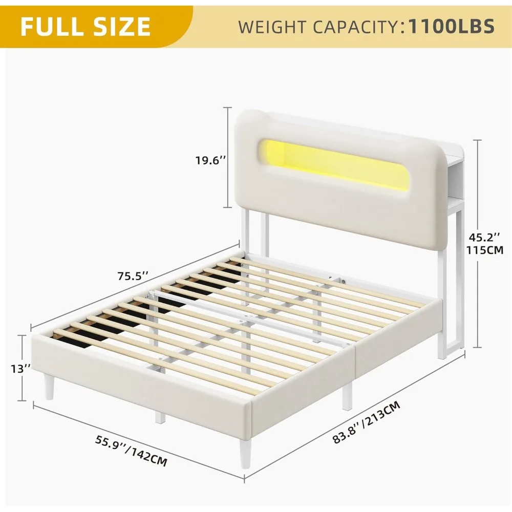 إطار سرير كامل الحجم، سرير منجد بوكل مع لوح رأسي للتخزين، سرير LED مع USB ومنفذ، لا حاجة إلى صندوق زنبركي، كريمي #2