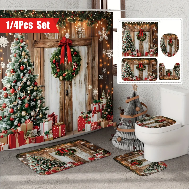 [Open JIT]1/4pcs christmas winter set tree gift wood by farmhouse rustic red shower curtain waterproof polyheste