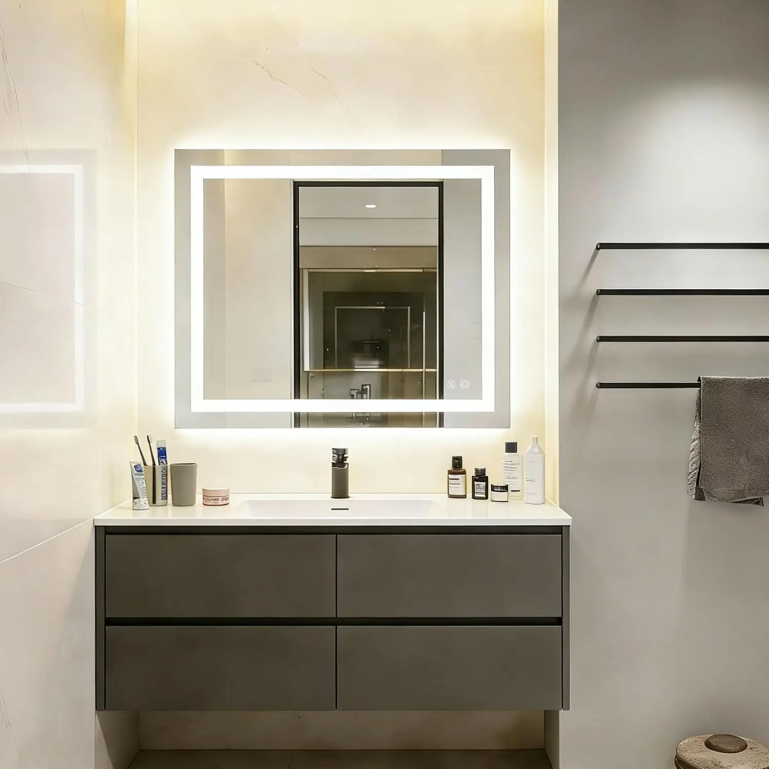 LED Bathroom Mirror with Front Light and Backlit, 30x36 Inch Rectangle Anti-Fog Wall Mounted Vanity Mirror, 3 Colors Light