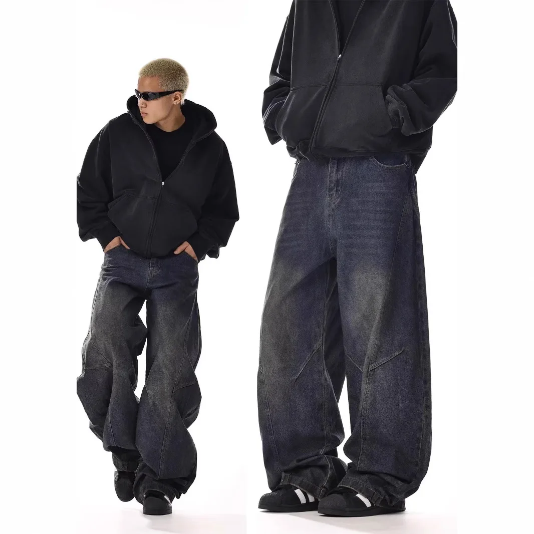 

Four Season Fashion 2025 Men's Vintage Casual Trendy Washed Wide Leg Straight Solid Color Jean Trousers Male Denim Pants Clothes