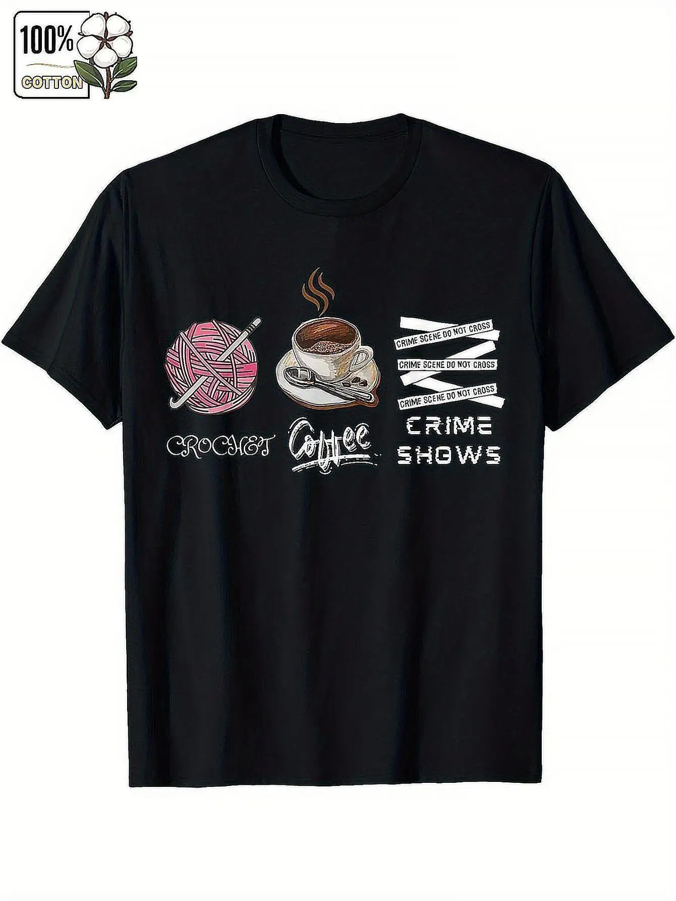 

Men's and Women's Crochet and Coffee Printed T-shirt duty Short Sleeve Casual Shirt with Woven Yarn Ball and Crochet Hook Design