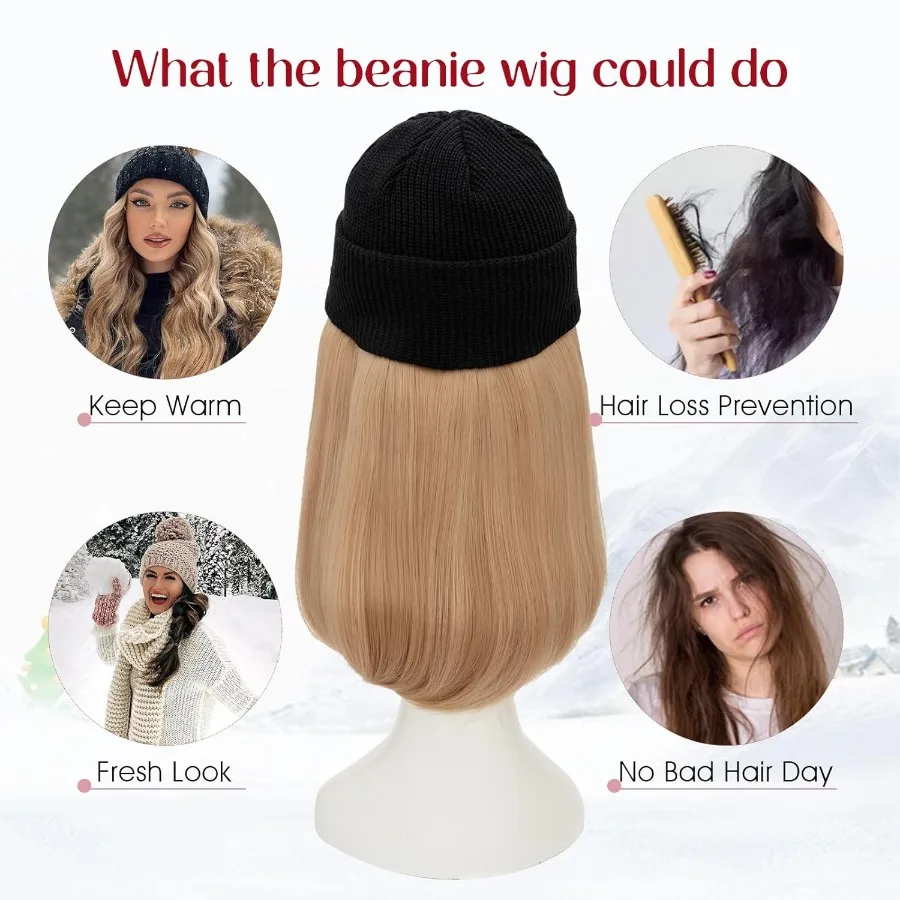 WinterReady قبعة صغيرة محبوكة شعر مستعار مع الرماد شقراء قصيرة مستقيم وصلات شعر للنساء 11 بوصة قطع الشعر للارتداء اليومي St