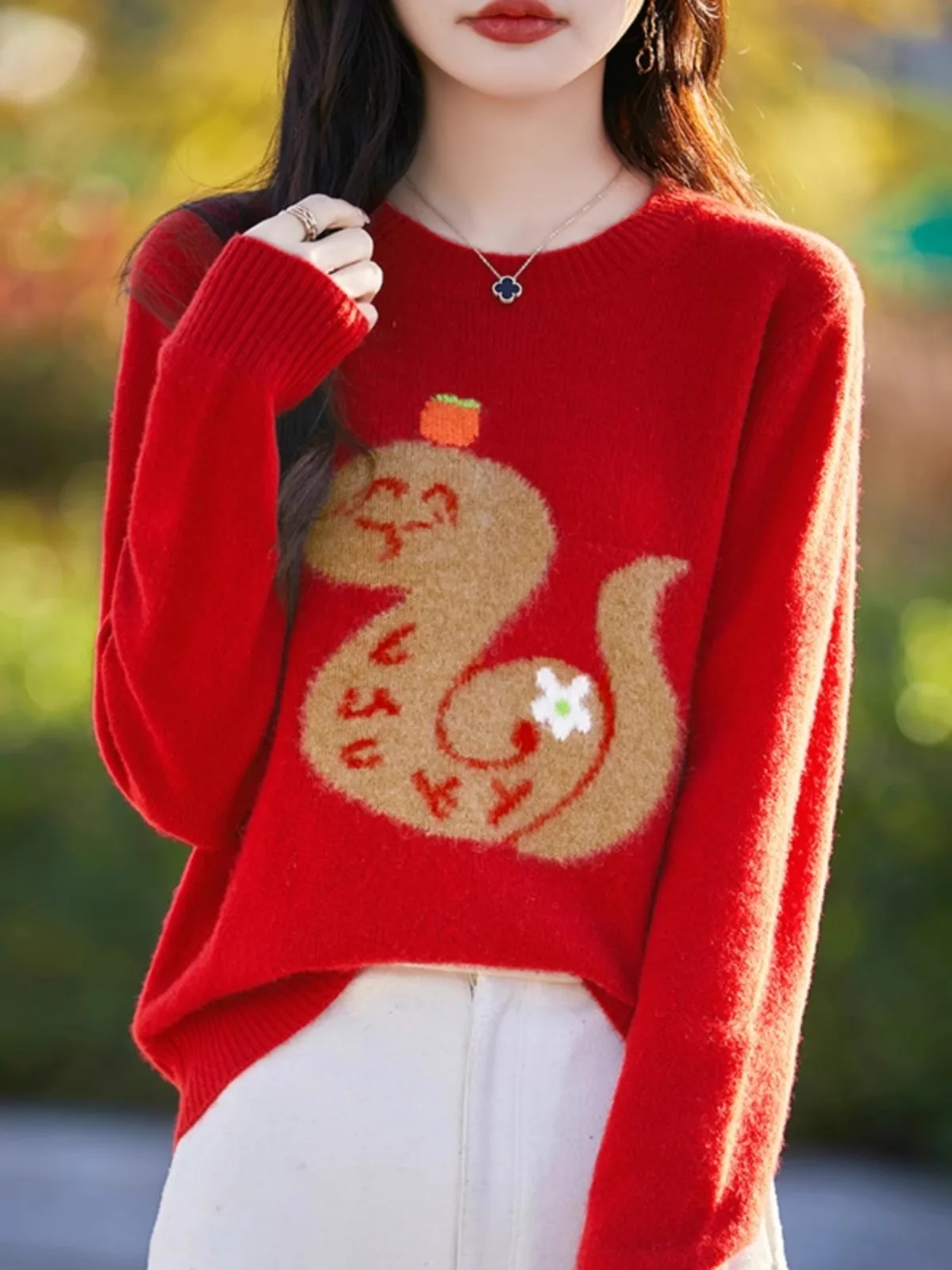 2024 Winter Neue Sle Schlange Jahr Gestrickte Reine Wolle Pullover frauen Neue Jahr Rot runde Ne Pullover Koreanische Version lange Sve