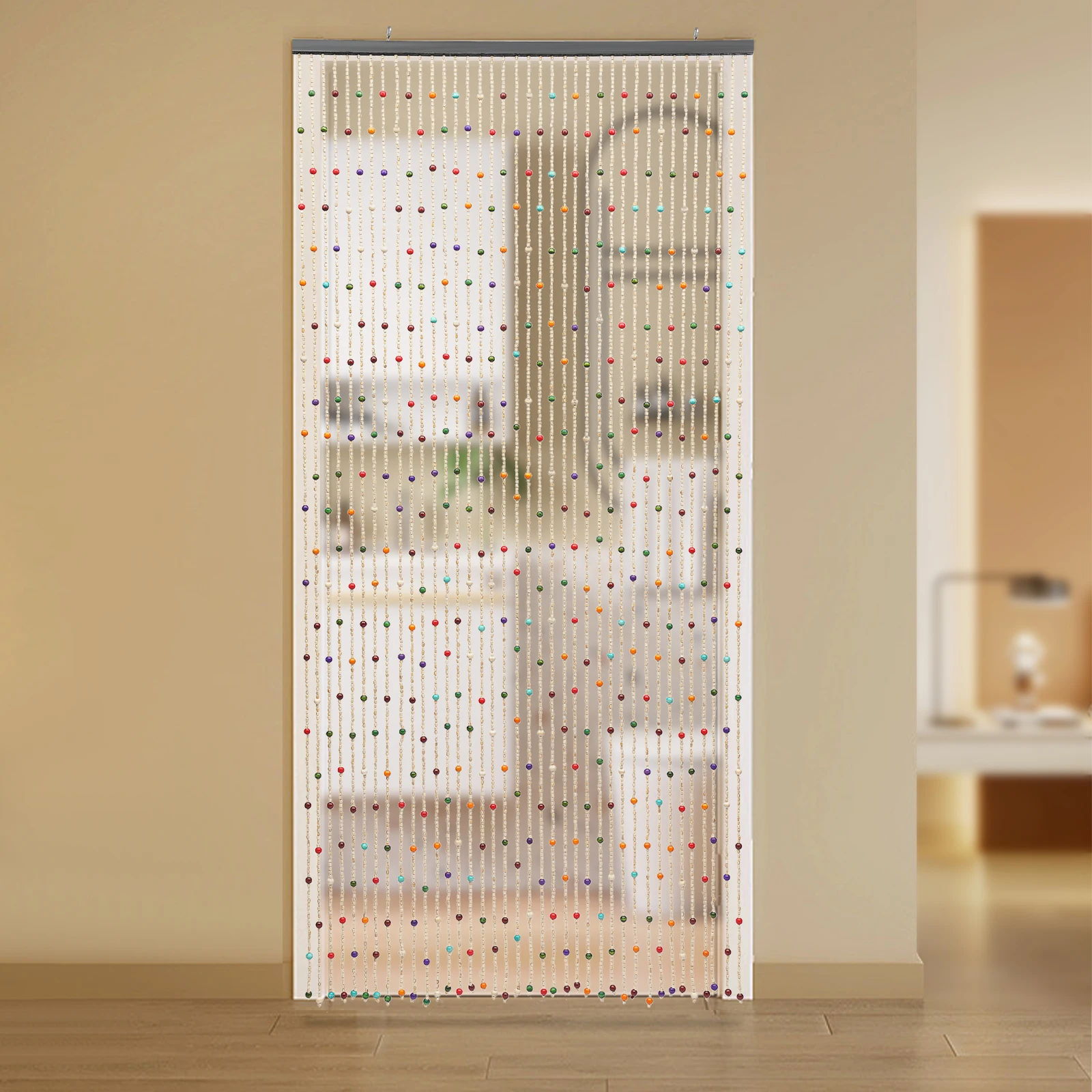 

38-Strand Handcrafted Wooden Bead Curtain, Chinese Style Room Divider for Doors & Windows, Natural Bamboo/Cotton Construction