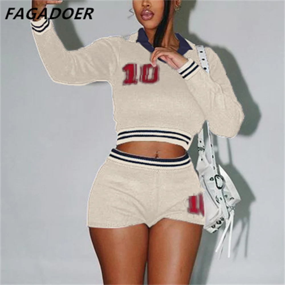 FAGADOER Autumn Knit 2 Piece Sets Outfit Preppy Style Lapel Stripe Patchwork Sweater and Shorts Set Quality Stretchy Knitwear