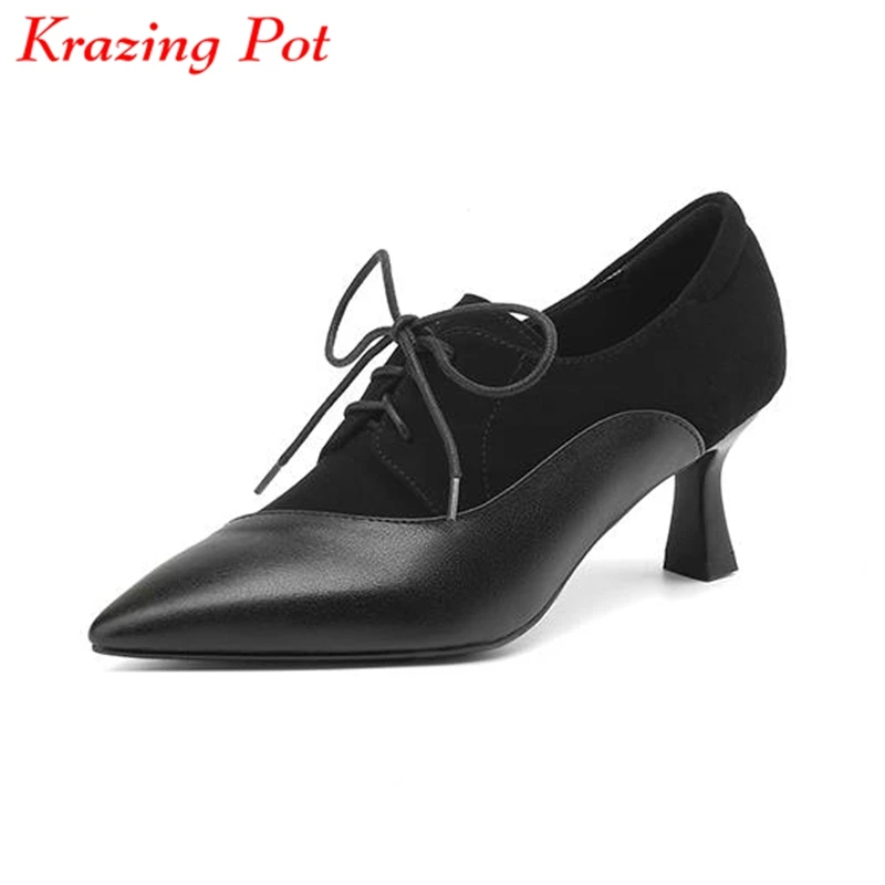 

Krazing Pot Cow Leather Stiletto Med Heels Spring Brand Shoes Lace Up Patch Work British School Big Size 43 Gorgeous Women Pumps