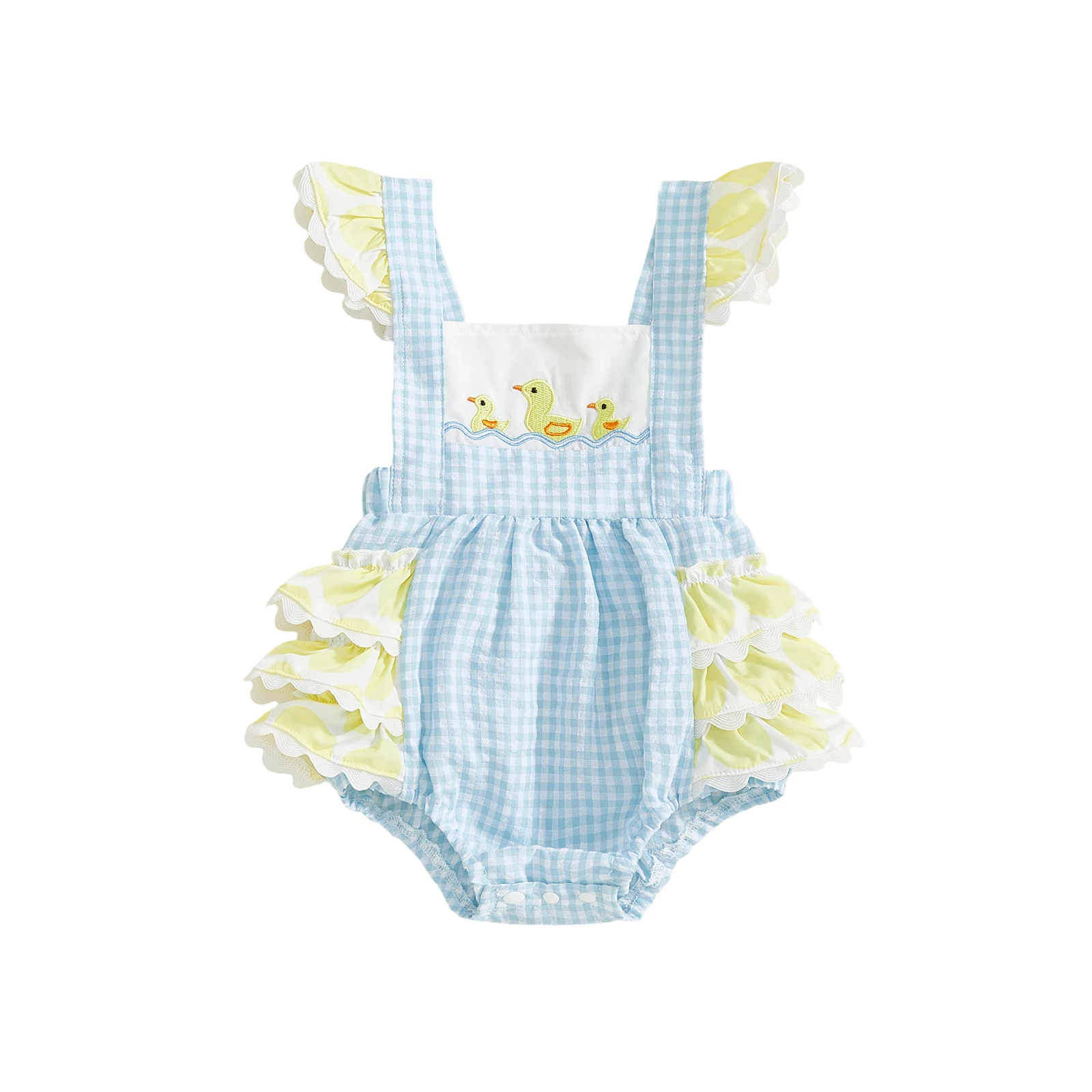 Infant Baby Girls Plaid Romper Fashionable Cute Duck Embroidery Sleeveless Ruffle Jumpsuit
