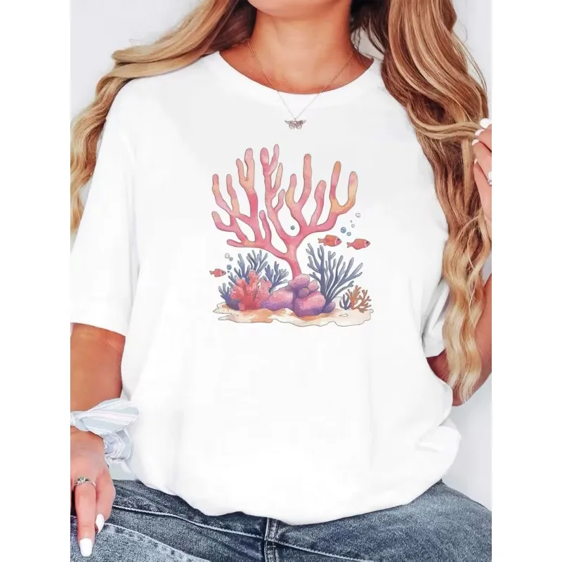 Watercolor Coral Reef Fish T-Shirt Underwater Ocean Graphic Tee Women’s Casual Crew Neck Short Sleeve Top for Daily Wear