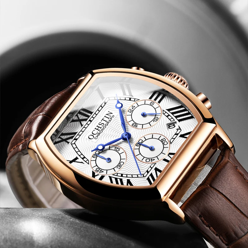 OCHSTIN Men‘s Luxury Watches Man Quartz Chronograph Business Luminous Hand Wirstwatch Genuine Leather Rectangular Clock for Men