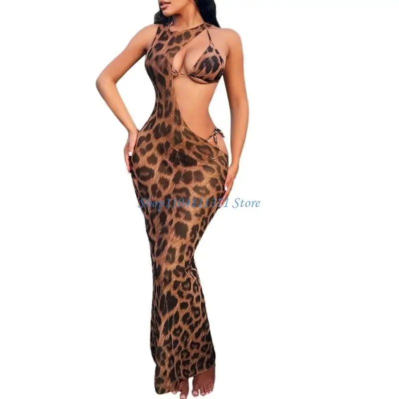

P9FC Breathable Leopard Swimsuit Split Swimwear Bra Dress for Sunbathing and Parties