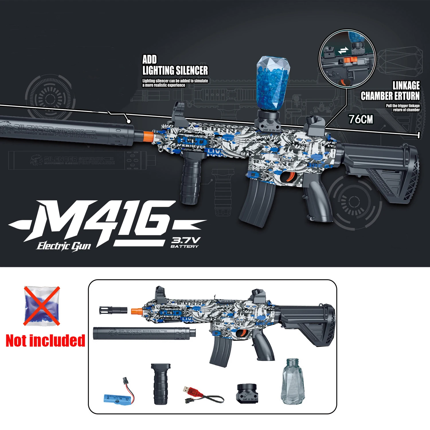 2026年新型M416電動自動玩具銃、スムーズなリローディング、7-8mm、2色展開、3.7VバッテリーとUSB充電ケーブル付き、新年の贈り物