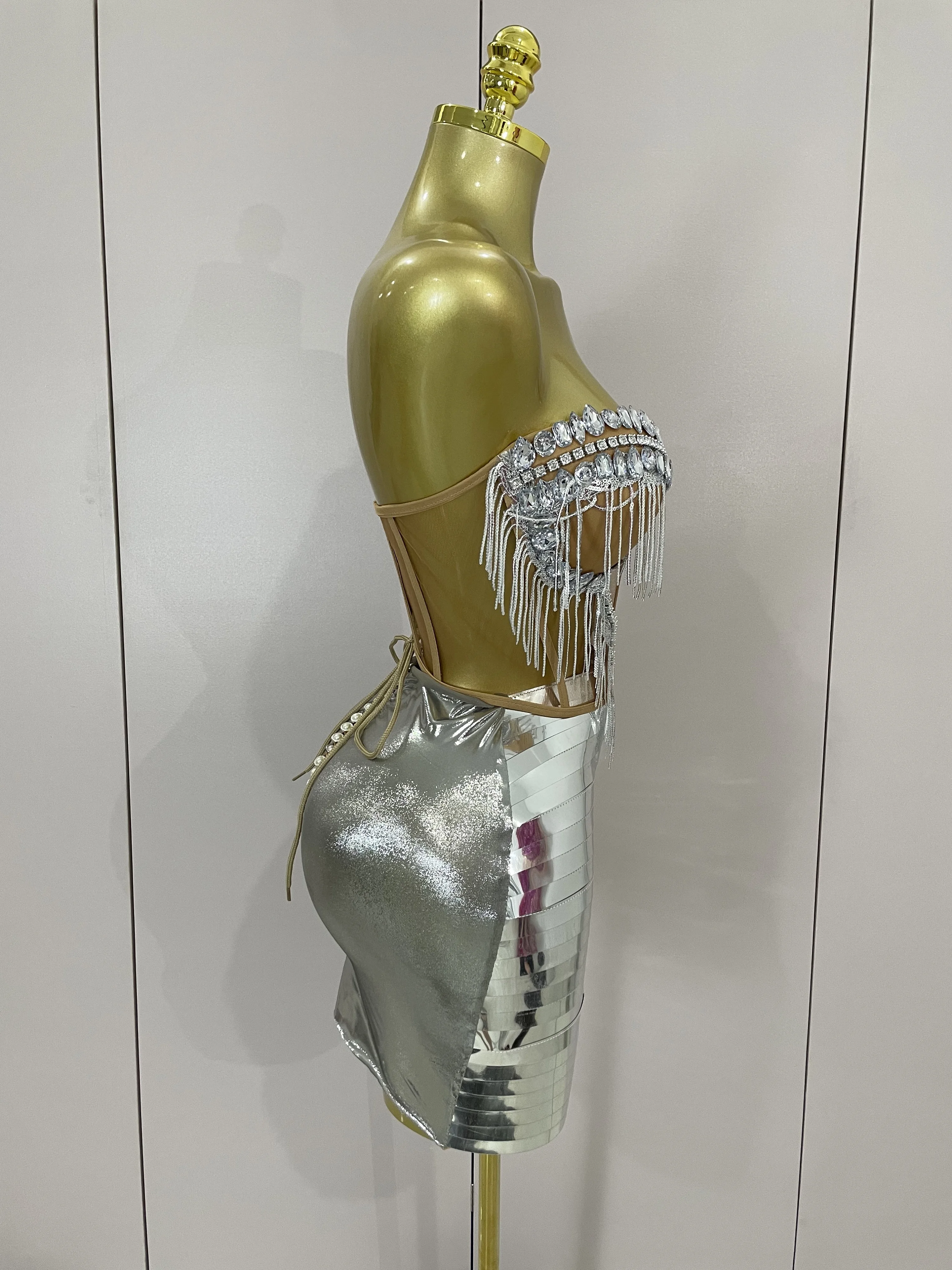 Women Sparkly Rhinstones Tassels Strapless Top Skirt Two-piec Set Sexy Designer Nightclub Evening Birthday Party Stage Outfit