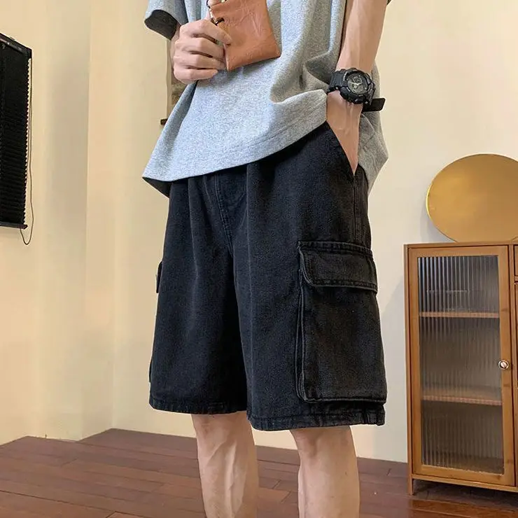

Trendy Men's Summer Thin Denim Cargo Shorts Workwear Inspired High Street Fashion Versatile Casual American Fit Mid-Thigh Length