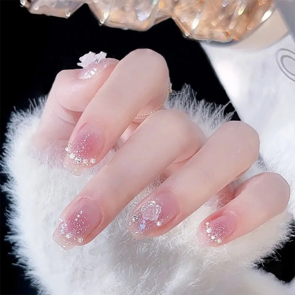 24pcs Medium Length Pink Rose False Nails Reusable Detachable Wearable Press on Nails Full Cover French Style Nails Girl