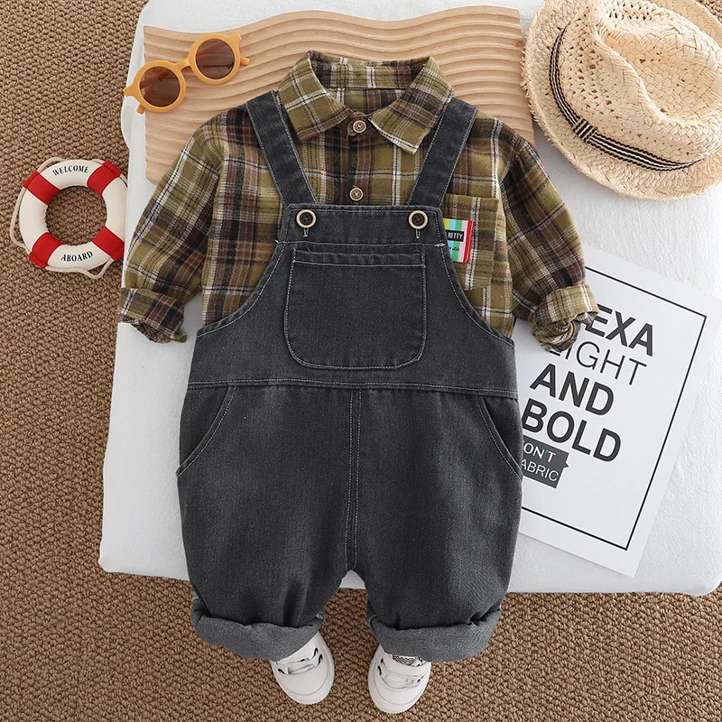 Boys Plaid Shirt & Denim Overalls 2-Piece Set Toddler Outfit 1-6 Years Autumn Winter Fashionable Kids Casual Jumpsuit  123