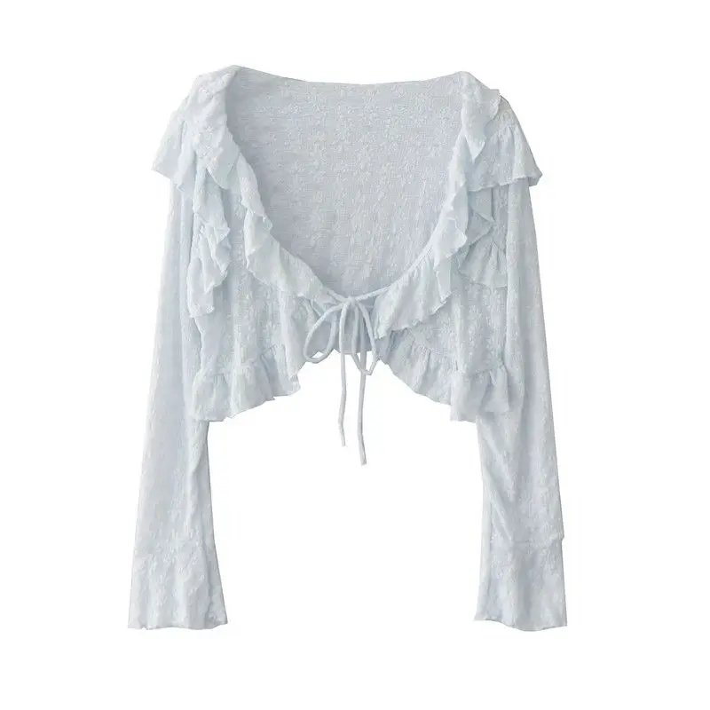 Sweet Hot Girl Summer French Embroidered Floral Lace Ruffled Lace-up Short Cardigan + Flower Print Small Sling Top Two-piece Set