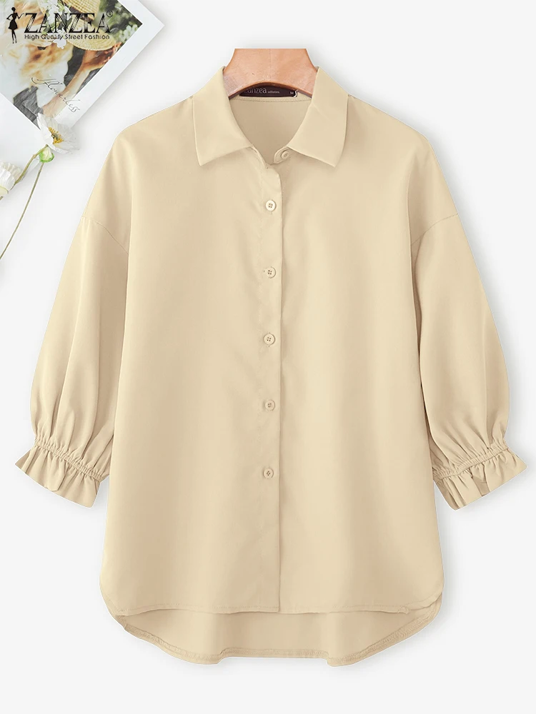 

2025 ZANZEA Women Shirt Elegant Solid OL Work Shirts Autumn Lapel Neck 3/4 Sleeve Blouse Stylish Casual Button Tops Blusas Tunic