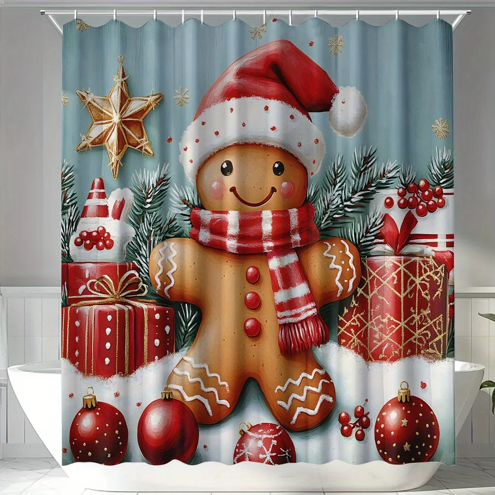 Festive Christmas Gingerbread Man Shower Curtain - Polyester, Machine Washable, Red & White Striped Scarf Design