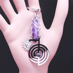 Yoga Reiki Cho Ku Rei Life Spiral Purple Crystal Quartz Stainless Steel Keyring Women Sacred Geometry Jewelry porte clef N4242