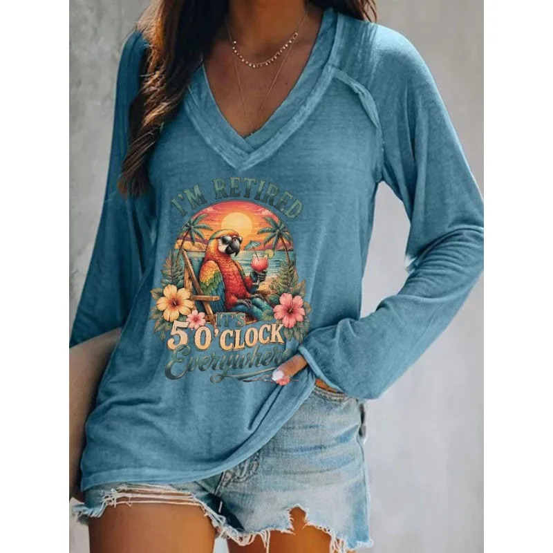 Ilstile Women's  Parrot Print T-Shirts Spring Summer Long Sleeve T Shirt Casual Loose V Neck Tops Blue White Green NEW