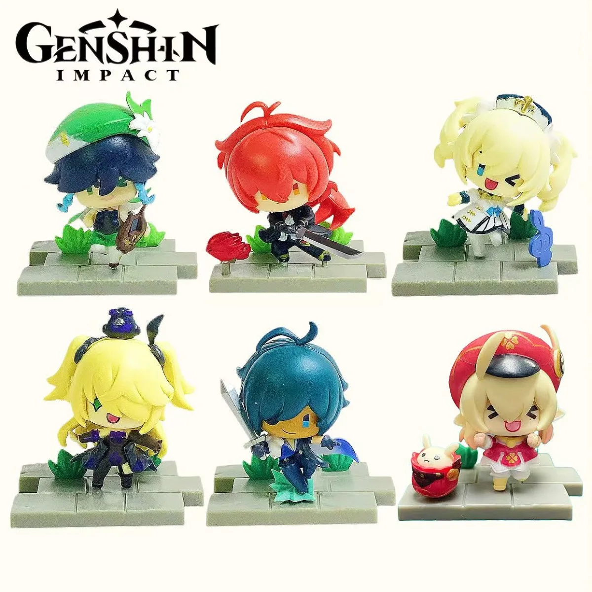 1 Set de 6 Figuras Chibi de Genshin Impact (Venti, Xingqiu, Diluc, Barbara, Fischl) - Muñecos de Plástico Sentados, Mini Estatuas de Dibujos Animados para Escritorio