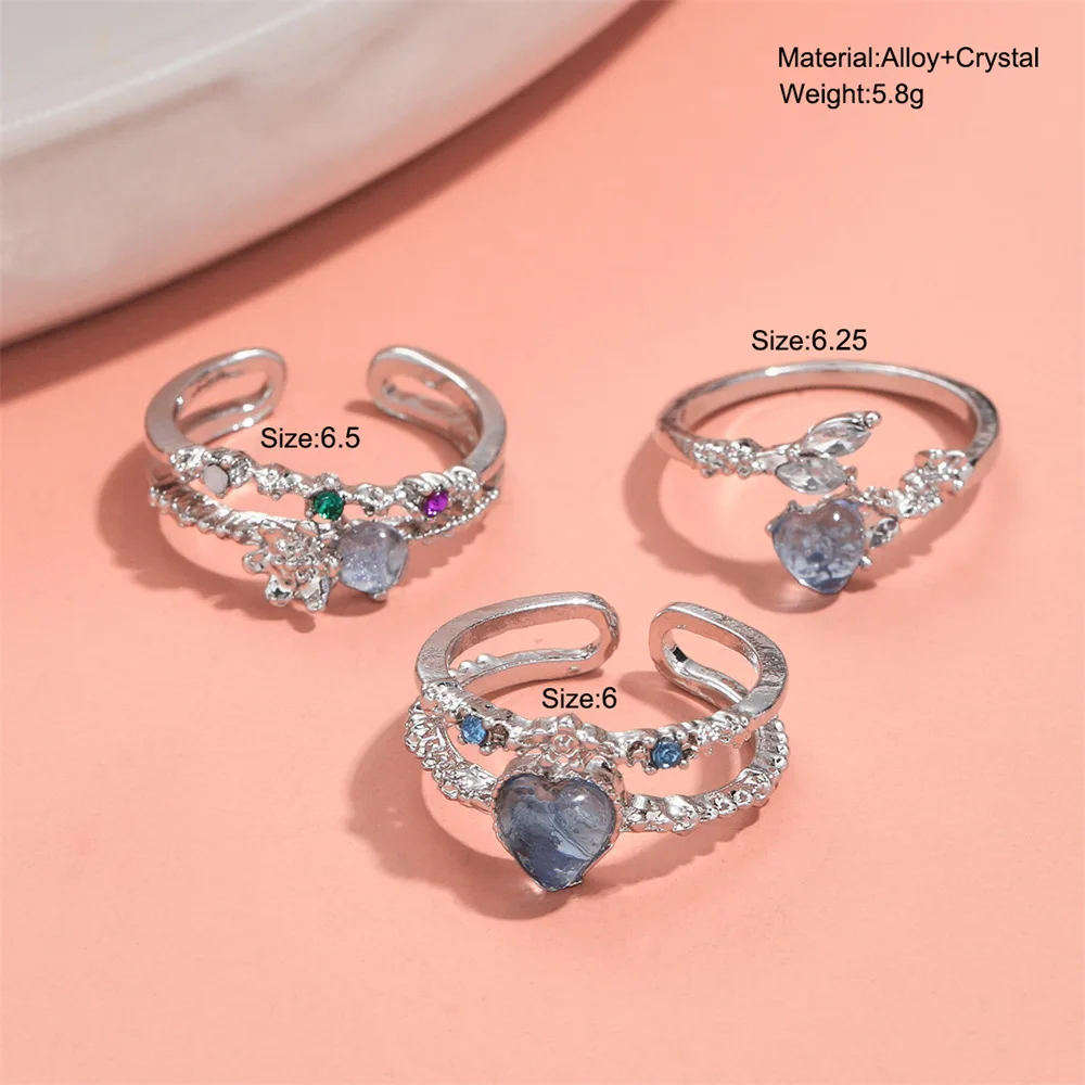 Delicated Y2K Silver Color Crystal Moon Stone Heart Open Finger Rings for Women Teens Ins Sweet Cool Rhinestone Ring Set Jewelry