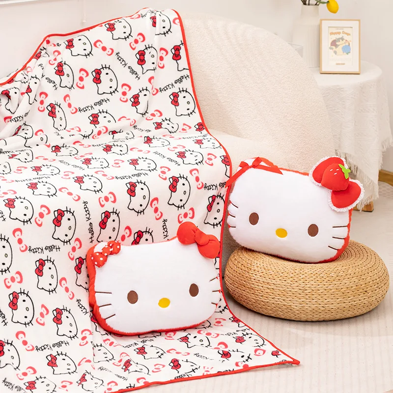 アニメハローキティ漫画コーラルベルベット枕とブランケット、かわいい車用スローブランケット、かわいい厚いソファブランケット、ホリデーギフト