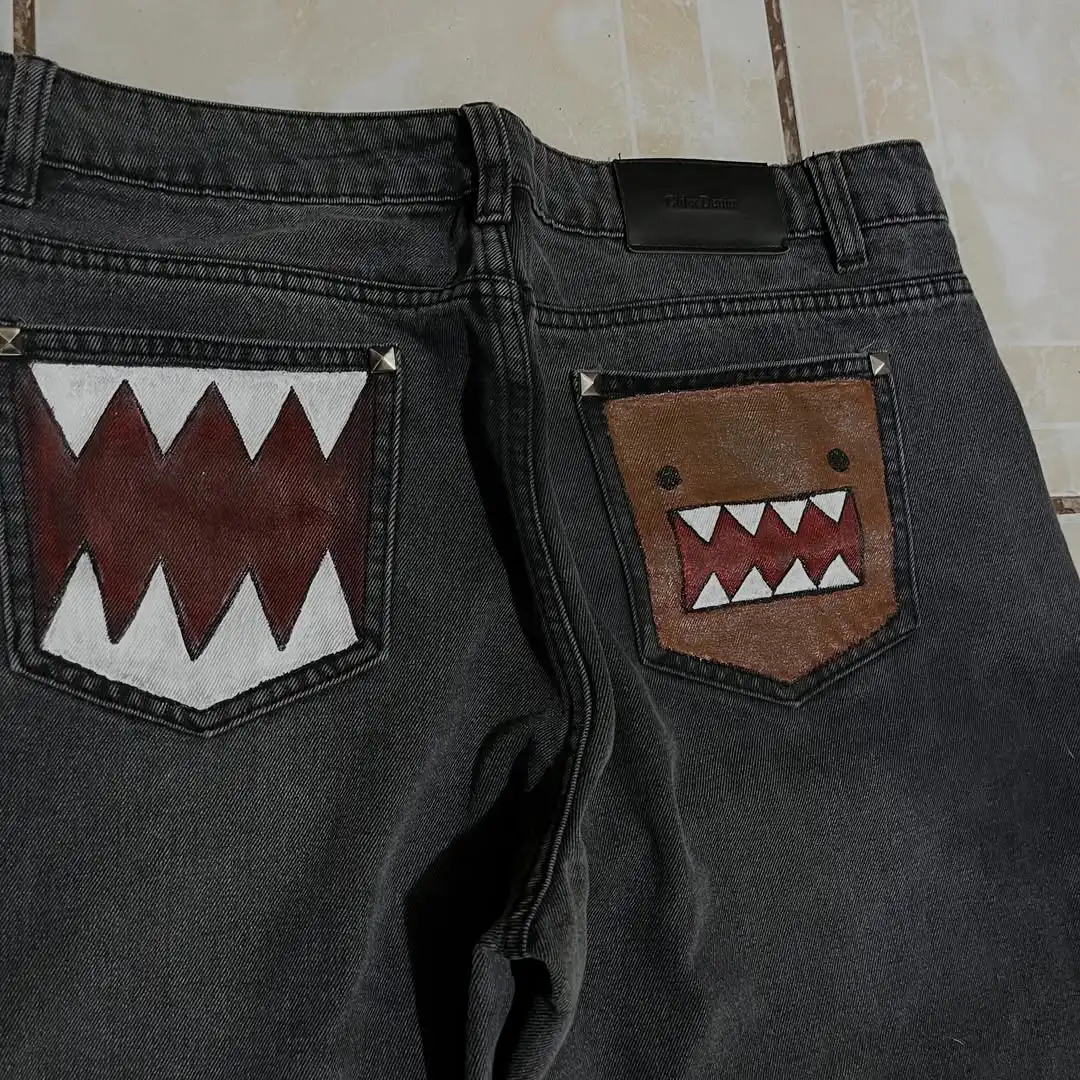 Men Women Y2K Monster Tooth Print Jeans Japanese High Street Vintage Black Loose Wide Leg Street Trendy Brand Pants