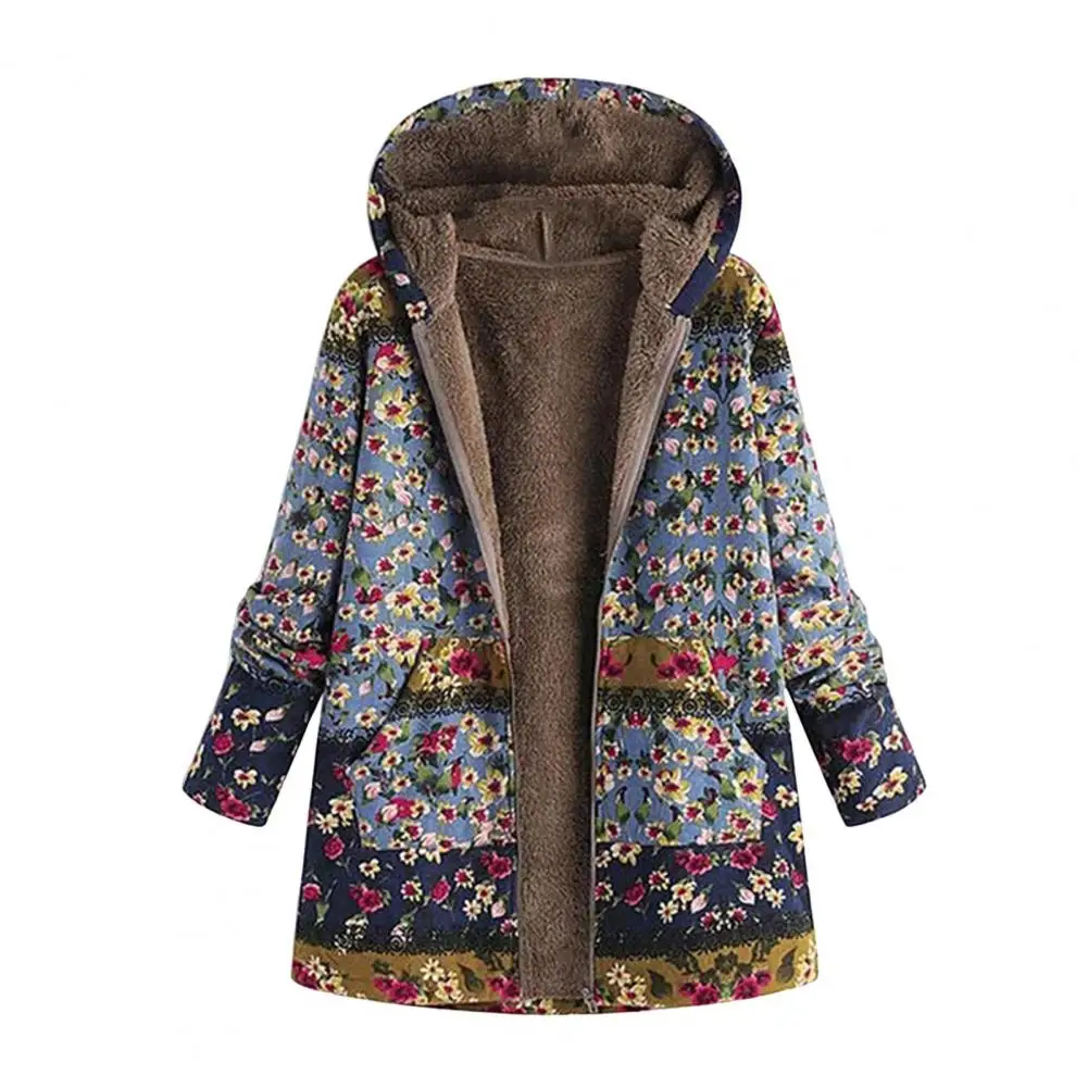 Vrouwen Winterjas Retro Bloemenprint Dikke Pluche Rits Capuchon Warmte Retentie Lange Mouwen Halflange Vrijetijdsjas