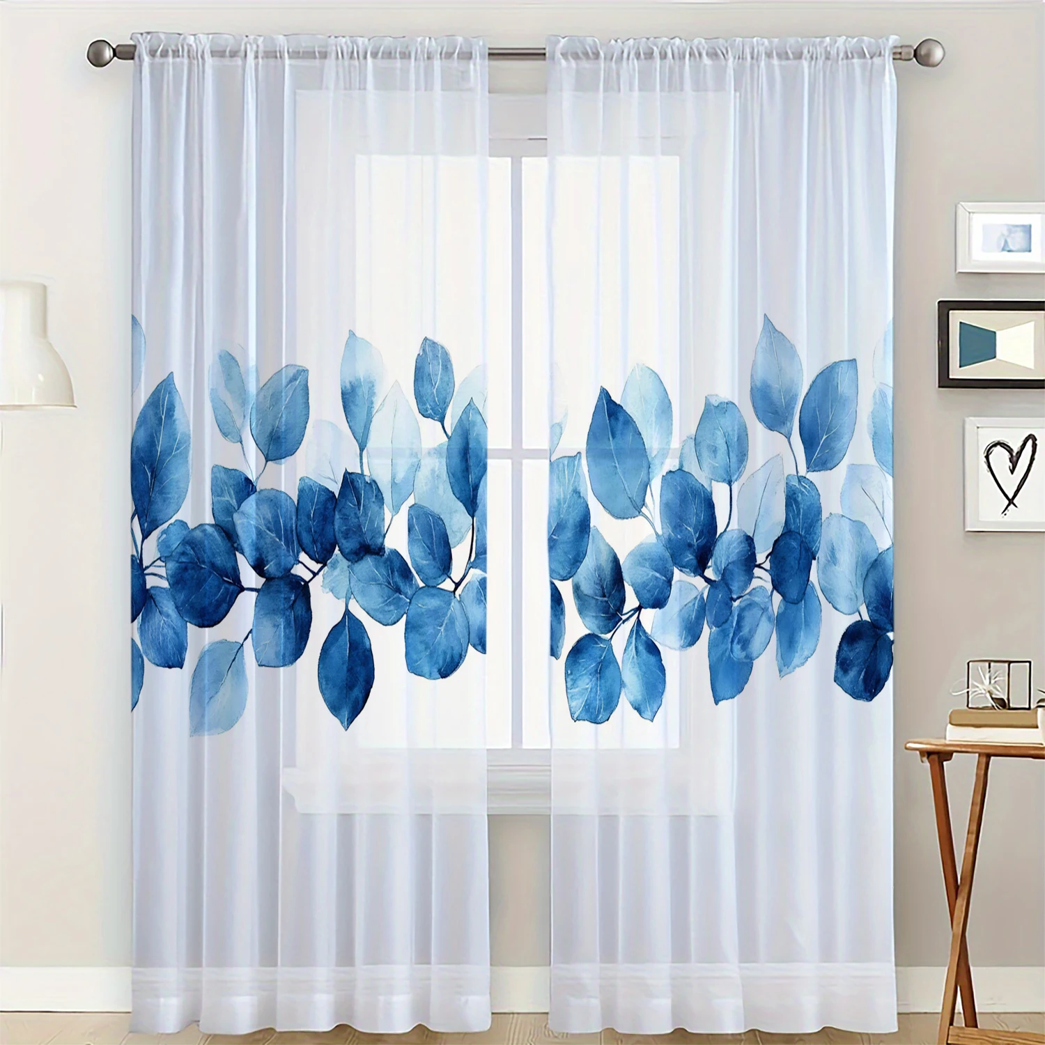 2 pieces HD digital Blue leaves printed window screen home decor style decoration living room bedroom rod