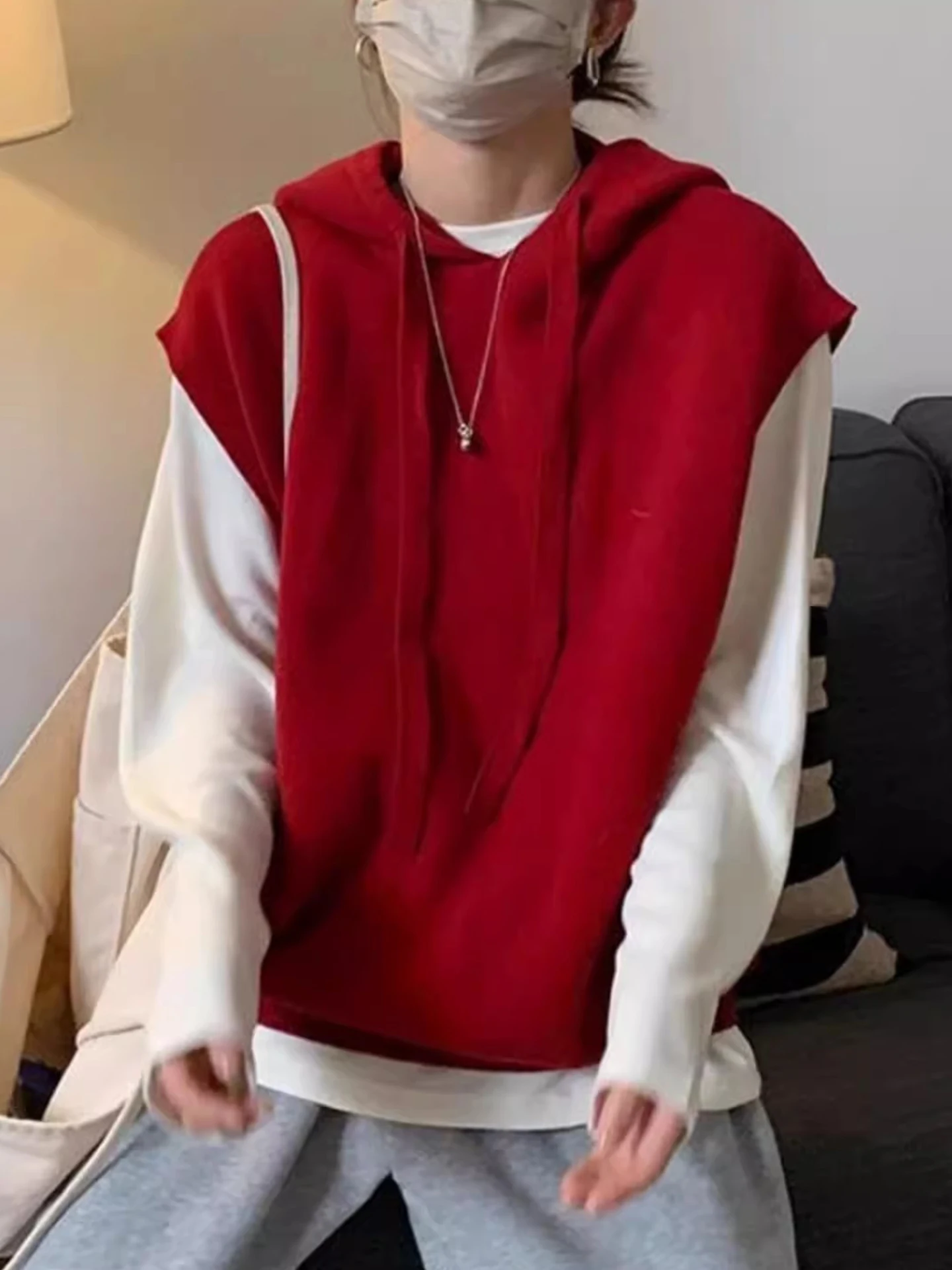 

Comfortable Red Knitted Sweater Women's Hooded Vest Design Sensation Slim Fit ular 2025 Autumn Winter Faion Top