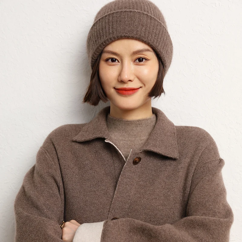 2022 New Autumn Winter Women Hats 100% Pure Cashmere Knitted Headgears Soft Warm Fashion Thick Cap 4 Colors High Quanlity