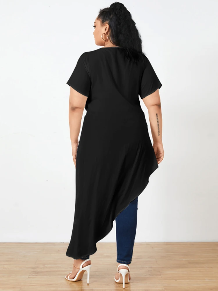 Vonda-Blusa longa assimétrica para mulheres, tops de túnica casual, camisas elegantes de escritório, bainha dividida, festa sólida, plus size, verão, 2024